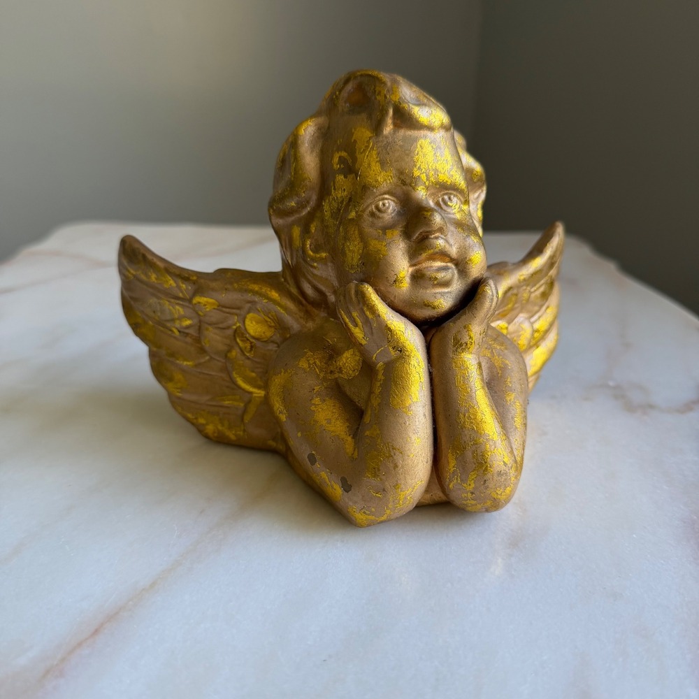 Vintage Style Gold Cherub Angel Figurine Distressed Winged‎ Putti Decor 5.5 Inch